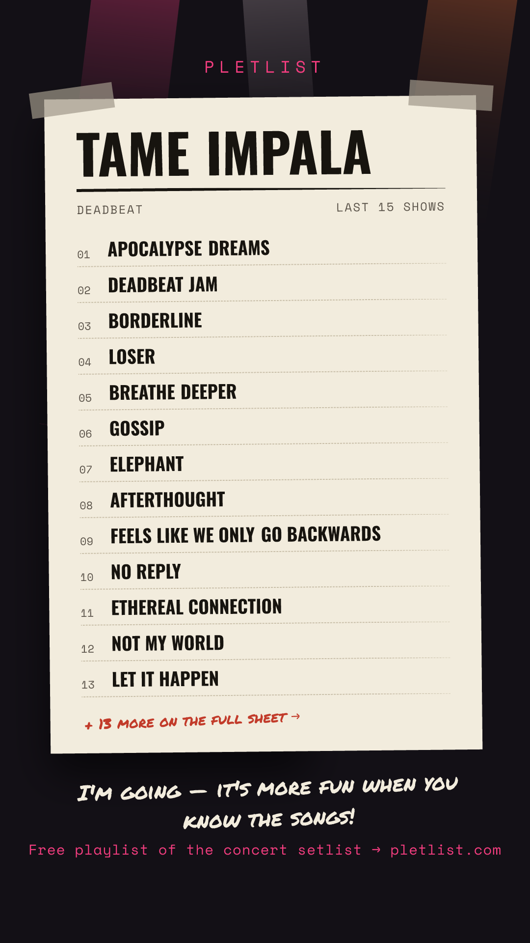 Shareable setlist sheet image for Tame Impala